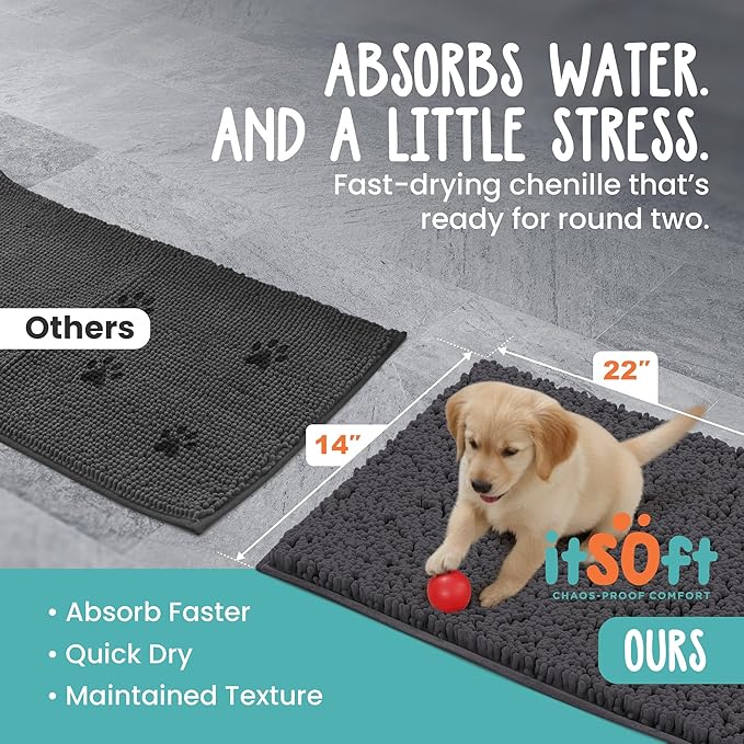 Dog Rugs for Muddy Paws 22x14 | Cleaner, Mud Free Floors | Dog Door Mat for Muddy Paws Muddy Rug for Dogs Absorbent Chenille Machine Washable w Non Slip Backing Outdoor Pets & Paw Matt, Charcoal Grey