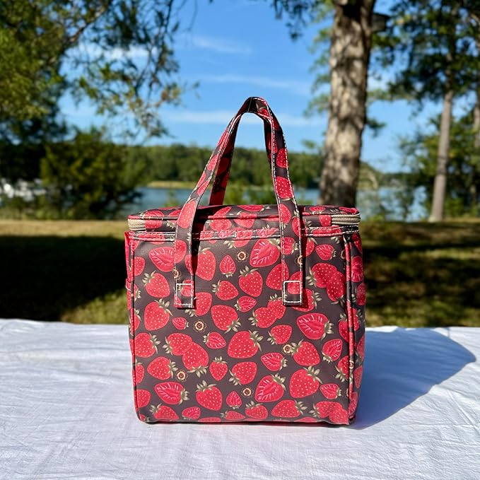 Kwang Min Floral Insulated Lunch Bag for Women,Reusable Lunch Box,Large Cooler for Office,Picnic Outdoors,Premium Quality Waterproof Fabric,Ideal Gift for Outdoors and Work (Chocolate Strawberry)