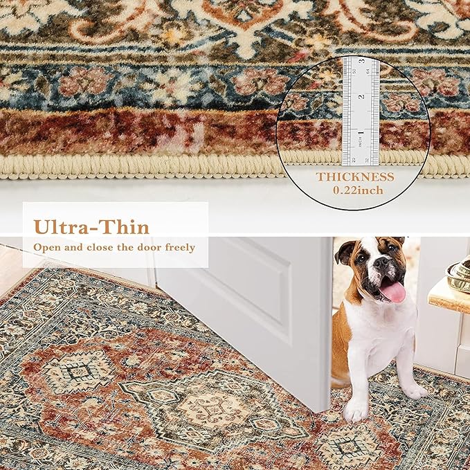 Lahome Oriental Washable Runner Rug Non Slip, 2x7 Rug Runners for Hallways Kitchen, Ultra-Thin Hallway Rugs for Laundry Room Bathroom Bedroom Eleanor, Brick Red