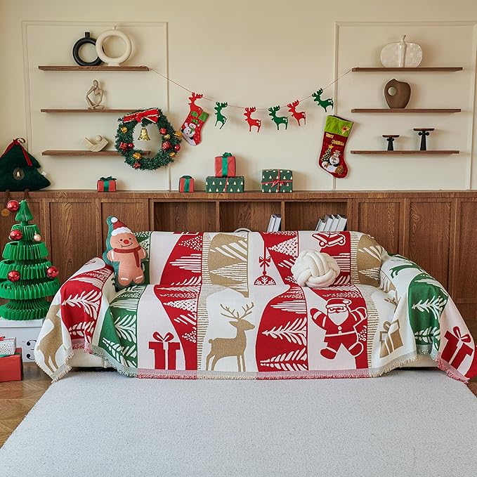 MYSKY HOME 71"X118" Loveseat Christmas Couch Cover, Sectional Sofa Covers Sofa Slipcover for 2 Cushion Couch, L Shape Couch Covers for Dog, Kid, Washable Sofa Blanket, Furniture Protector, Red Gift