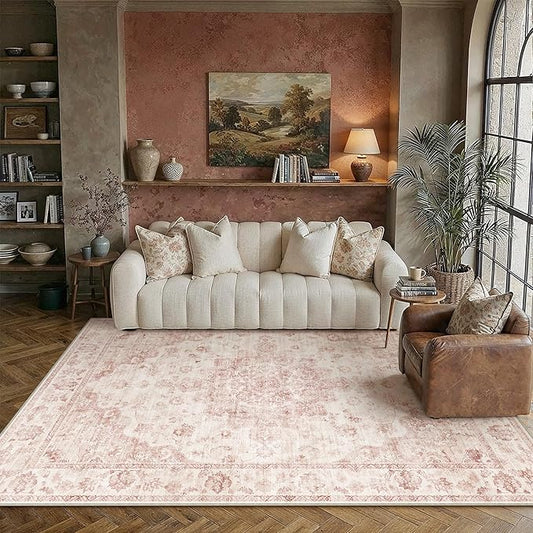 5x7 Washable Neutral Area Rug Pink Vintage Living Room Bedroom Carpet Non-Slip Soft Low Pile Farmhouse Indoor Throw Rug for Dining Room Entryway Office