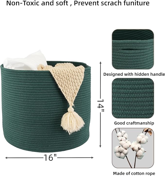 XUANGUO Cotton Rope Basket For Girls Boys Kids 16”X14” Baby Laundry Basket Nursery Bin Round Woven Baskets Organizer For Storage Toys Blankets Shoes Clothes dark green