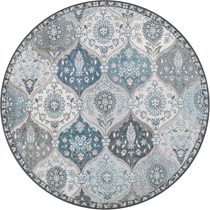 Lahome Moroccan Washable Round Rug, Soft Vintage Small Round Rug 3ft Non-Slip, Ultra-Thin Distress Circle Carpet for Entryway Bathroom Bedroom Kitchen Elise, Blue