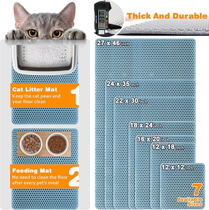 blissstorm Waterproof Cat Litter Mat, Double Layer EVA, Odor-Free Large Grid, Urine Proof, Easy Cleanup 22 x 30, Blue