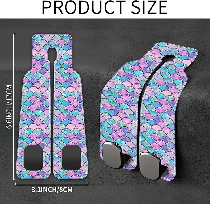 AEWNUNK Car Headrest Purse Hanger Watercolor Mermaid Fish Scale 1 Pack Bag Purse Holder for Car Premium Leather Double Metal Hook for Handbags, Grocery Bags and Phones