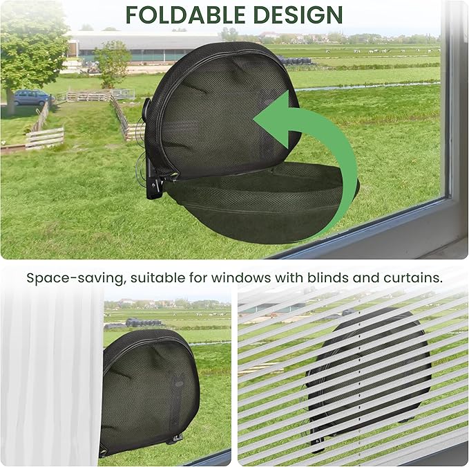 HiPetpy Cat Window Perch, Foldable Cat Hammock with Sunken Design, Breathable Cordless Window Bed with Stud Metal Frame for Large Cats and Kitten (Black Deep Perch, Medium)