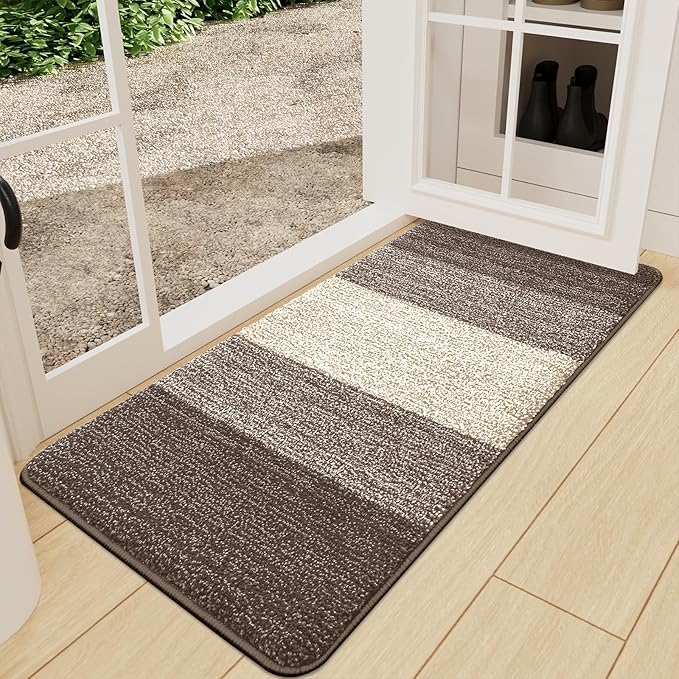 Kitinjoy Indoor Outdoor Door Mat, 59x24 Non-Slip Absorbent Dirt Trapper, Low-Profile Washable Inside Entrance Front Floor Mat, Sturdy Soft Entry Doormats for Entryway, Light Brown