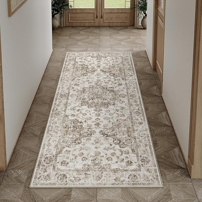 2x5 Washable Neutral Runner Rug Brown Vintage Hallway Kitchen Carpet Non-Slip Soft Low Pile Farmhouse Throw Rug for Bedroom Bathroom Laundry Living Room