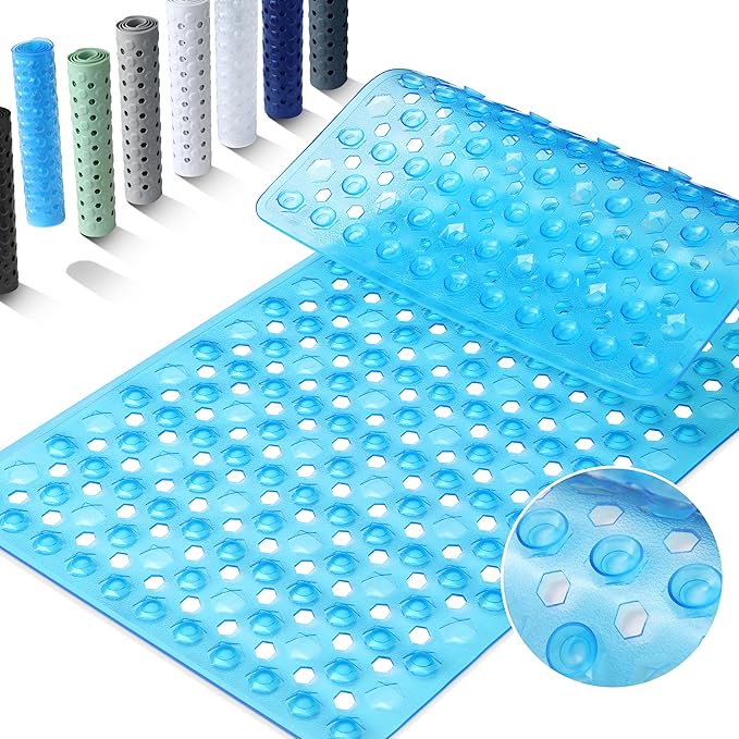 Yimobra Bathtub Mat Non Slip, 27.5"x15.5" Machine Washable Shower Floor Mat, Soft on Feet, Bathmat with Drain Holes and Suction Cups, Bathroom Essentials, Clear Blue
