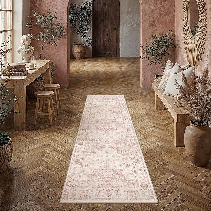 2x6 Washable Neutral Runner Rug Pink Vintage Hallway Kitchen Carpet Non-Slip Soft Low Pile Farmhouse Throw Rug for Bedroom Bathroom Laundry Living Room