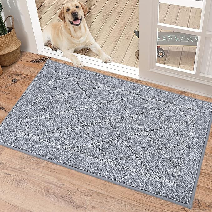 BEQHAUSE Dirt Trapper Door Mat 20" x 32", Doormat Non-Slip Entryway Rugs Washable, Dog Door Mat Stain Resistant and Absorbent Welcome Floor Mat for Front Back Door, Mud Wet Shoes & Paws, Grey