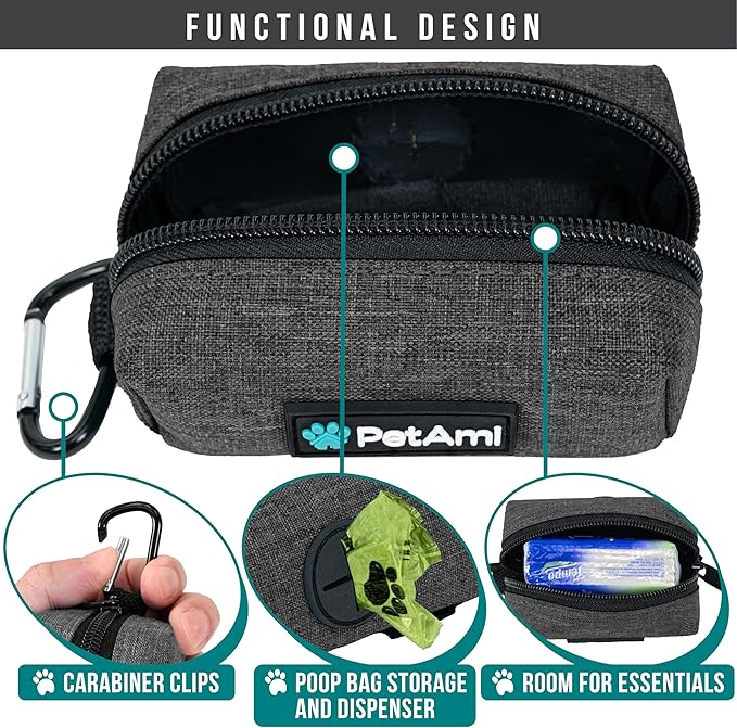 PetAmi Dog Poop Bag Holder for Leash, Dog Treat Pouch Leash, Pet Waste Bag Dispenser with Clip, Doggy Puppy Walking Accessories Supplies with 1 Dog Bag Roll (Charcoal Gray, 1 Pack)