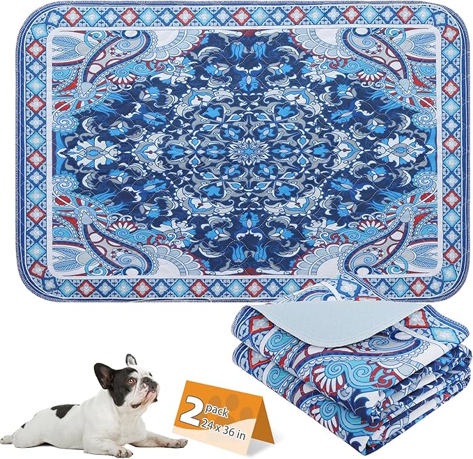 KOOLTAIL Washable Pee Pads for Dogs, 2 Pack Super Absorbent Reusable Puppy Training Pads Waterproof, Nonslip and Leak-Proof Dog Pee Pads, Large Pet Mats Whelping Pads for Floor, Crate, Blue 24"x36"