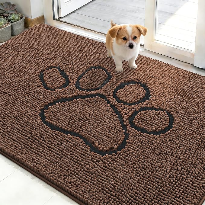 OLANLY Dog Door Mat for Muddy Paws 48x30, Paw Print Design, Absorbs Moisture and Dirt, Absorbent Non-Slip Washable Doormat, Quick Dry Chenille Mud Mat for Dogs, Entry Indoor Entryway Carpet, Mocha
