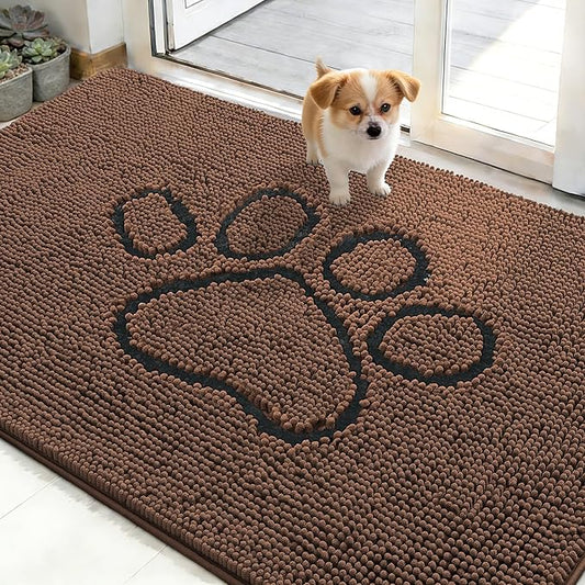 OLANLY Dog Door Mat for Muddy Paws 48x30, Paw Print Design, Absorbs Moisture and Dirt, Absorbent Non-Slip Washable Doormat, Quick Dry Chenille Mud Mat for Dogs, Entry Indoor Entryway Carpet, Mocha