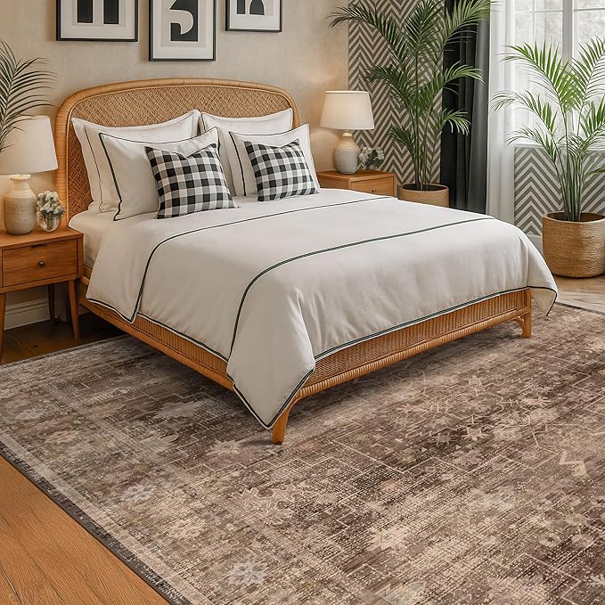Brown Rug for Living Room 10x14 - Extra Large Vintage Western Unique Neutral Taupe, Washable Low Pile Non-Slip Soft Thin Area Rug for Dining Under Table, Bedroom Under Bed, Home Office