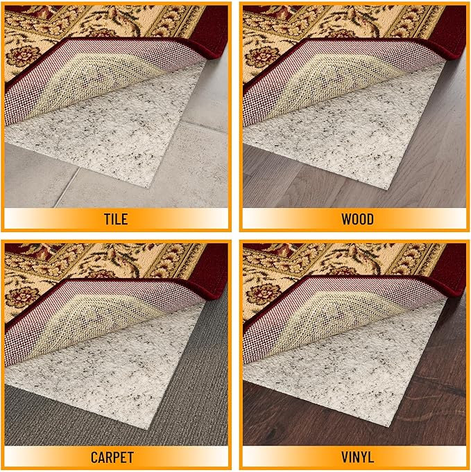 Ottomanson 4' x 7'8" Non-Slip Rug Pad Gripper 1/12 Inch Ultra Thin Dual Surface Felt + Rubber Gripper - Safe for All Floors, Cream