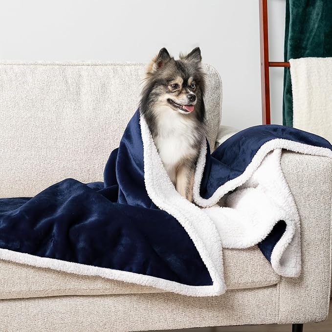 PetAmi Waterproof Dog Blanket for Small Medium Dog Puppy Cat Throw for Couch Cover Leakproof Protection, Sherpa Fleece, Reversible Soft Washable 29x40 Navy Blue