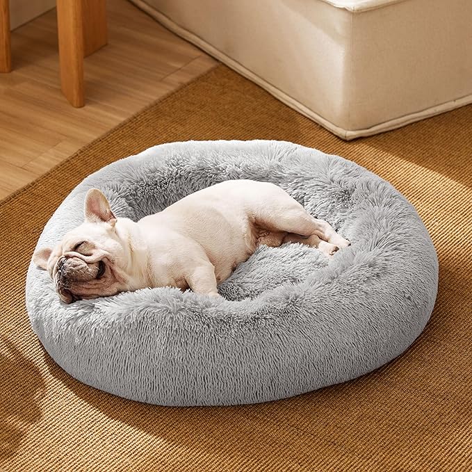 Bedsure Calming Dog Bed for Small Dogs - Donut Washable Small Pet Bed, 23 inches Anti-Slip Round Fluffy Plush Faux Fur Large Cat Bed, Fits up to 25 lbs Pets, Pale Grey
