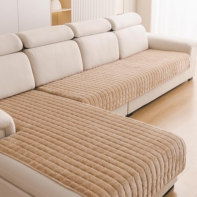 KaviKon Couch Cover Pack of 2, L Shaped Sectional Sofa Covers Washable, Velvet Fuzzy Sofa Slipcovers for 3 Cushion Couch cover, Non-Slip Furniture Protector for Dog Pet Khaki, 36x63+36x94 Inch (2 Pcs)