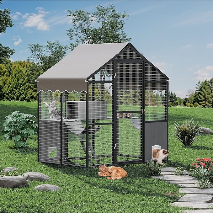 Aluminum Extra Large Catio Outdoor Cat Enclosure for Multiple Cats, Catio Large Cat Run, Cats Run Enclosure Walk in Kitten Condo with Channels, Side Door, UV Proof Cover, Huge Condo, Platform