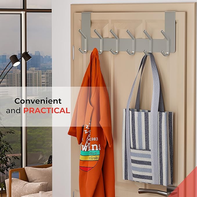 Brushed Nickel Over The Door Hooks – Heavy Duty Stainless Steel Door Hanger with 6 Double Hooks for Hanging Towels, Coats, Robes, Hats, Bags – No Drill Over Door Towel Rack for Bathroom & Bedroom