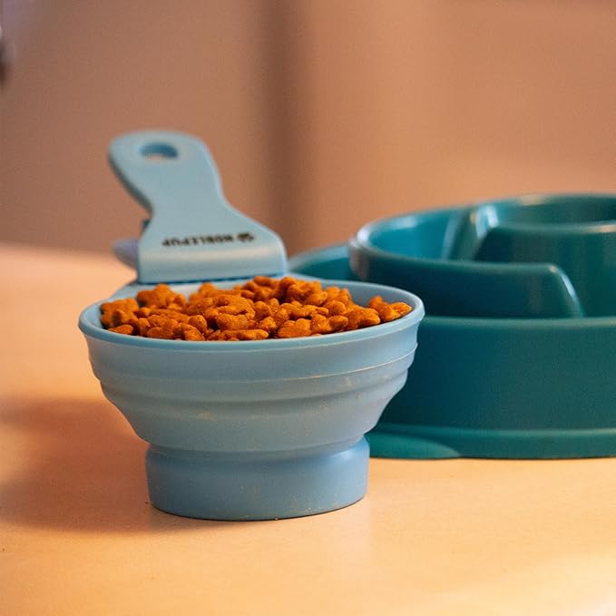 MeasureMate Pet Food Scoops with Bag Clip for Dog and Cat - 3-in-1 Multi-Function Collapsible Food Measuring Cup - 1/2 Cup Capacity, 4oz, Blue - Dishwasher Safe