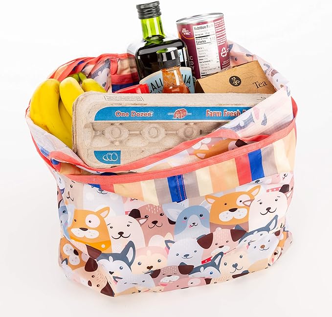 O-WITZ Reusable Grocery Bags | Vibrant Tote Bag For Groceries, Gym, Office, Beach Gear, Toys & More | Washable Design With Large Handles For Maximum Convenience | Folds Into A Small Pouch, Dog