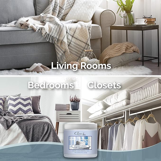 Clear Air Odor Absorber Gel - 15 oz, Pack of 2 - Air Freshener Absorbs and Eliminates Odors in Bathrooms, Cars, Boats, RVs and Pet Areas - Made with Essential Oils - Fresh Linen Scent