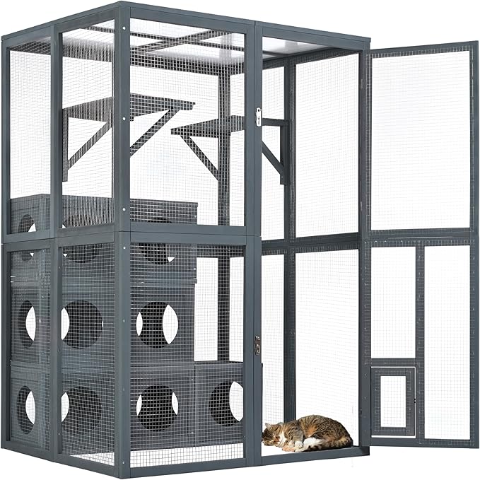 LOVMOR Outdoor Catio with Double Enter Doors, Grey Climbing Shelves, Weatherproof Pine Wood Playground with 7 Freely Combination Wood Boxes