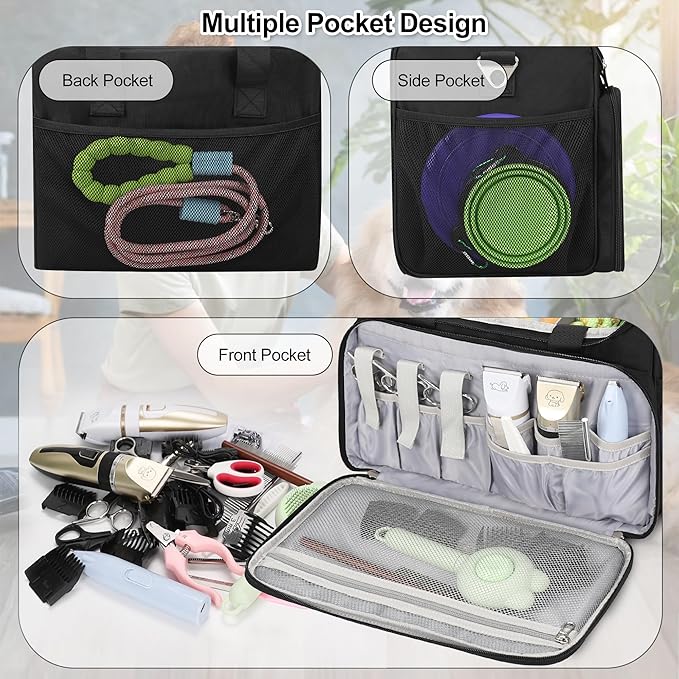 Dog Grooming Vacuum Bag, Pet Grooming Bag Extra Large Dog Grooming Storage Bag with Compartments Professional Travel Animal Groomer's Tool kit Bags for Supplies - for Dogs, Cat & Pet Groomers( Black)