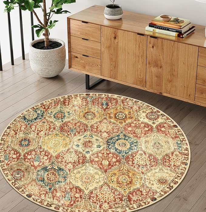 Lahome Moroccan Trellis Round Area Rugs, Washable Small Round Rug 3ft Non-Slip, Soft Vintage Ultra-Thin Circle Carpet for Bedroom Entryway Kitchen Laundry Bathroom Elise, Red/Orange