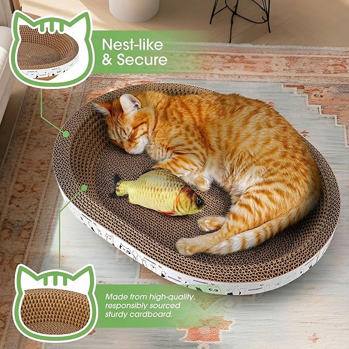 4PCS Cardboard Cat Scratcher Bed Set with House for Indoor Cats, 2 Big Oval Cat Lounger Bowls 17", Durable Scratching Board Pad, All-in-One Cat Scratch Box with Bonus Toys for Furniture Protection.