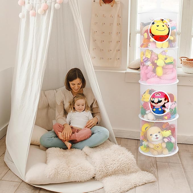 Toy Net Hammock for Stuffed Animals Net, Foldable Toy Storage Organizer 4 Compartments Net for Stuffed Animals Corner for Boys, Girls, Gloves, Hats, Socks（white）