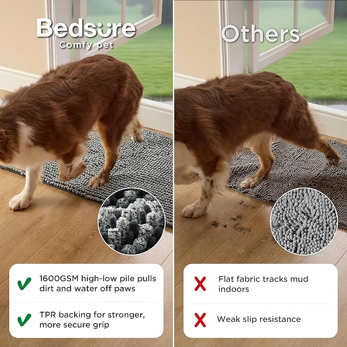 Bedsure Dog Door Mat for Muddy Paws, High-Low Absorbent Chenille Indoor Entrance Mud Dirt Trapper Soak-Stopper, Machine Washable Non-Slip Entryway Rug for Pets, 30"x19" Grey