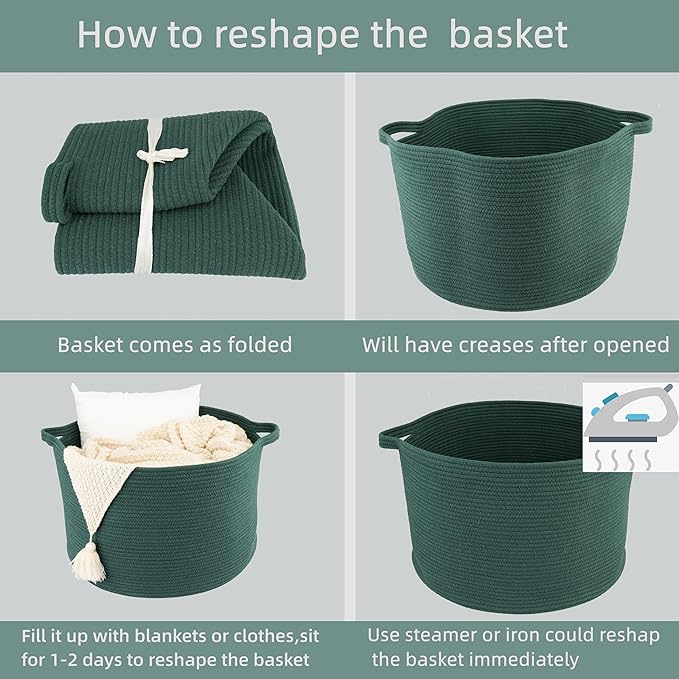 XUANGUO Extra Large Cotton Rope Basket – 22"x14" Woven Storage Basket for Blankets, Toys, Laundry, and Nursery – Round Baskets for Living Room and Kids Dark Green