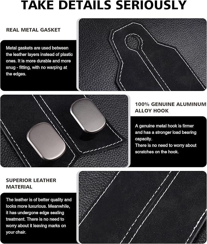 Headrest Hooks for Car, 4 Pack Purse Hook for Car 100% Metal & Premium Leather 2025 Latest, Auto Organization Accessories for Bags, Purses, Phones etc (Black)