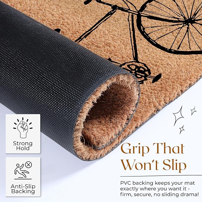 COCONIQ Coir Door Mats 17" X 30", Non-Slip Sturdy, PVC Backed Heavy Duty, Easy to Clean, Ideal for Door Entrance, Patio, Porch, Backyard, Garages, Enjoy The Ride Vintage Bicycle