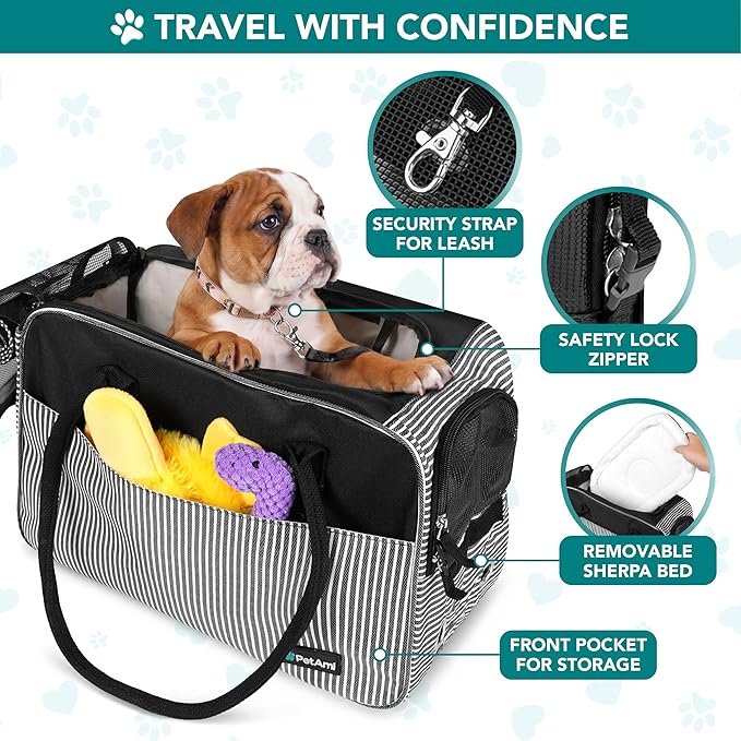 PetAmi Dog Purse Carrier for Small Dogs, Airline Approved Soft Sided Pet Carrier with Pockets, Ventilated Dog Carrying Bag for Puppy Cat, Dog Travel Supplies Bag, Sherpa Bed, Max 12 lbs, Stripe Black