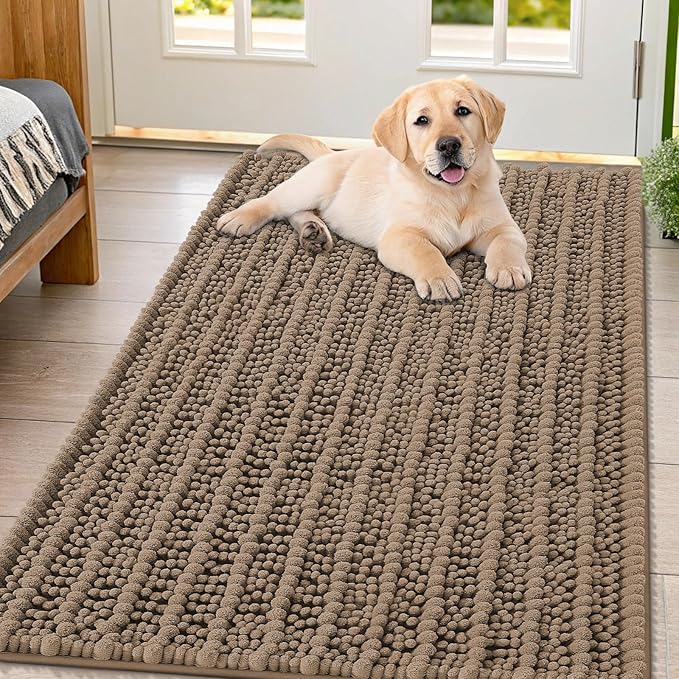 Smiry Dog Door Mat for Muddy Paws 47x32, Extra Soft Absorbent Chenille Doormat, Trap Moisture and Dirt, Non-Slip Machine Washable Front Door Mat for Indoor Entrance Inside Floor, Camel