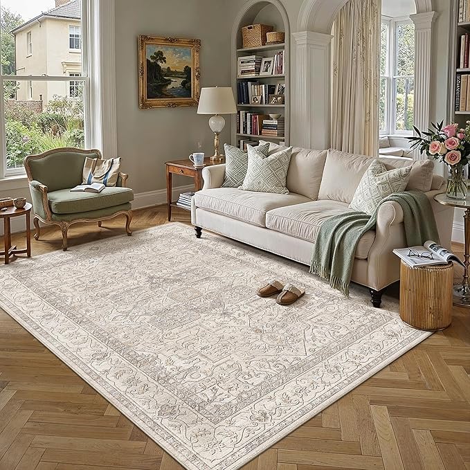 5x7 Washable Vintage Area Rug Beige Oriental Living Room Bedroom Throw Rug Neutral Non Slip Soft Low Pile Carpet for Dining Room Office Nursery Indoor
