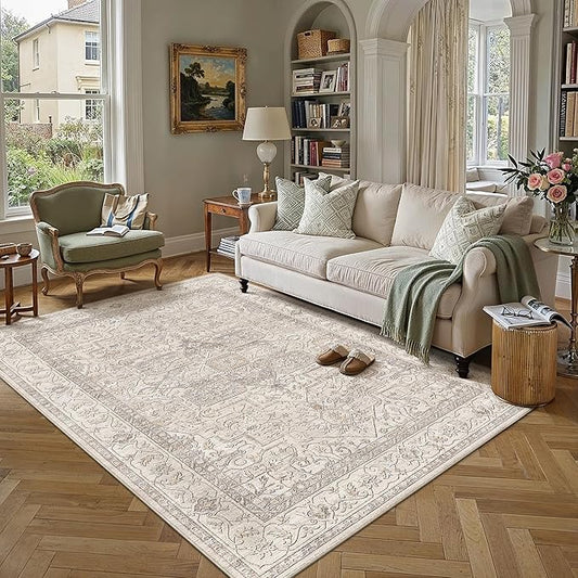 5x7 Washable Vintage Area Rug Beige Oriental Living Room Bedroom Throw Rug Neutral Non Slip Soft Low Pile Carpet for Dining Room Office Nursery Indoor