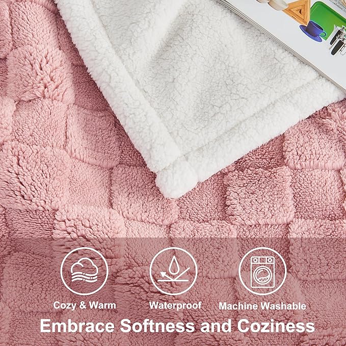 Yaning Checkered Waterproof Blanket for Bed Couch Sofa Car, Fluffy Soft Dog Blanket with 3D Jacquard Grid Pattern, Reversible Leakproof Pet Blankets for Dogs Cats Puppies, Dusty Pink, 60"x80"