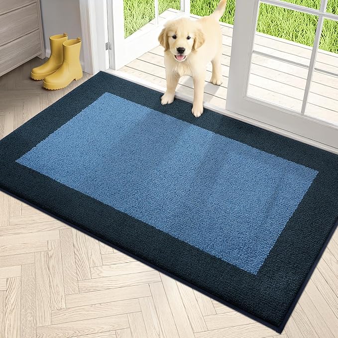PURRUGS Dirt Trapping Door Mat 34" x 60", Non-Slip Machine Washable Entry Rug, Entrance Mat, Indoor Front Door Mat, Super Absorbent Entryway Rug for Muddy Shoes & Paws, Light Blue & Navy
