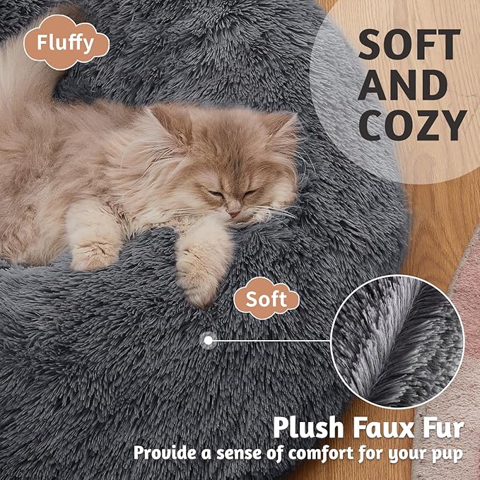 OhGeni Calming Donut Cat Bed Pillow for Small Pets, Machine Washable Removable Cover, Comfort Plush Fluffy Faux Fur with Anti-Slip Bottom, Dogs-Friendly Round Cuddly Design, Gray, 20 inches