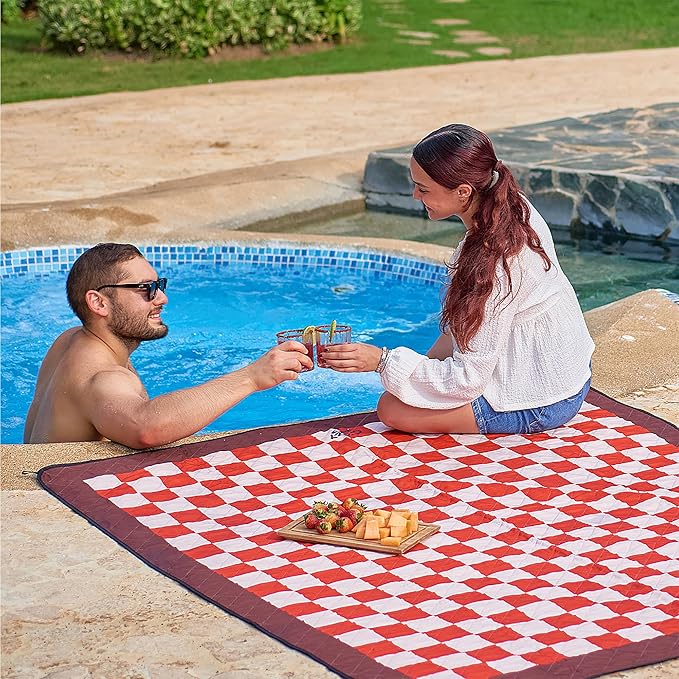 Cozy Club Waterproof Picnic Blanket Foldable Outdoor Mat with Pocket, Stakes & Shoulder Strap | Sandproof, Durable & Portable for Beach, Camping, Sporting Events & Travel