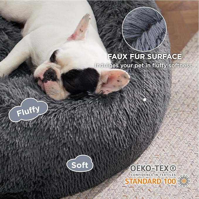 Bedsure Calming Dog Bed for Medium Large Dogs - Donut Washable Large Pet Bed, 33 inches Anti-Slip Round Fluffy Plush Faux Fur Dog Bed, Dark Grey