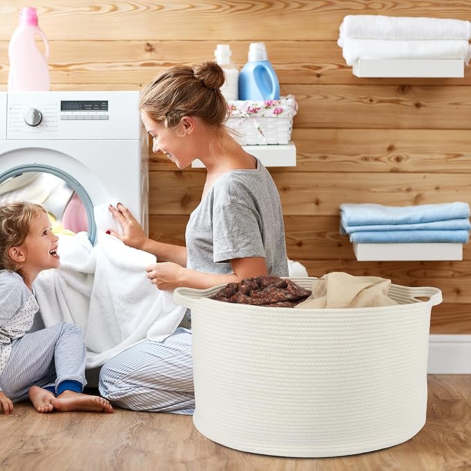 XUANGUO Extra Large Cotton Rope Basket Blankets Basket Living Room 22"x14" Toy Basket for Kids Dogs Rope Storage Basket for Nursery Woven Laundry Basket for Clothes Towels Baby Toy Storage round white