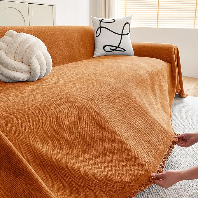 hyha Couch Cover for Dogs, Boho Sofa Covers for 3 Cushion Couch Washable, Chenille Sofa Slipcover for Pets, Soft Loveseat Sectional Couch Throw Blankets with Tassels (Orange, 71x91 Inch)