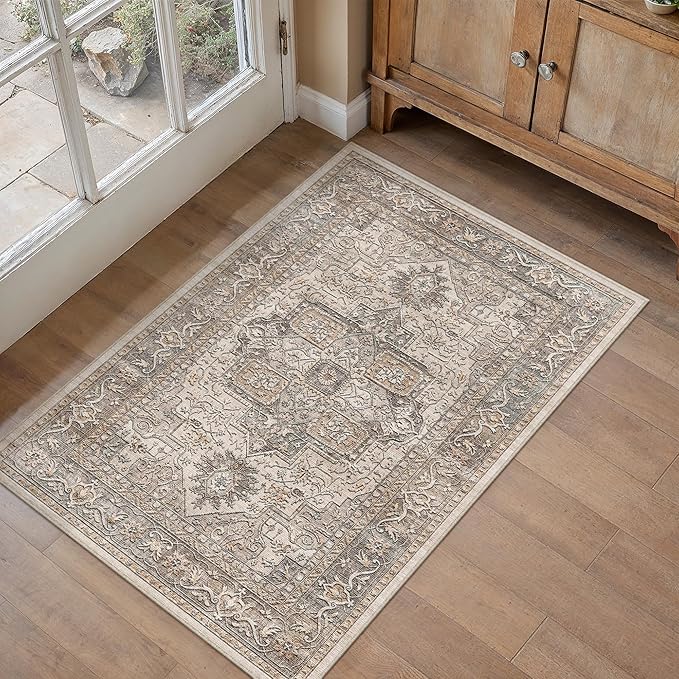2x3 Washable Vintage Area Rug Brown Oriental Soft Entryway Throw Rug Neutral Non Slip Low Pile Small Carpet for Kitchen Bathroom Living Room Bedroom